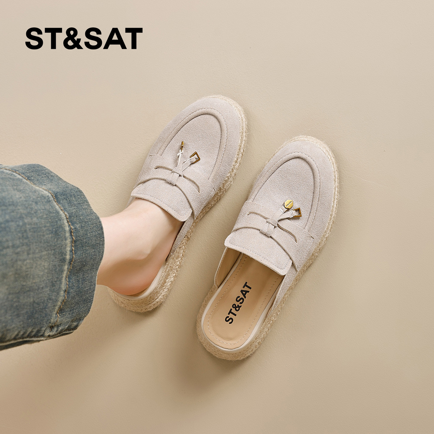 星期六草编包头半拖鞋女新款春外穿厚底懒人一脚蹬休闲复古渔夫鞋