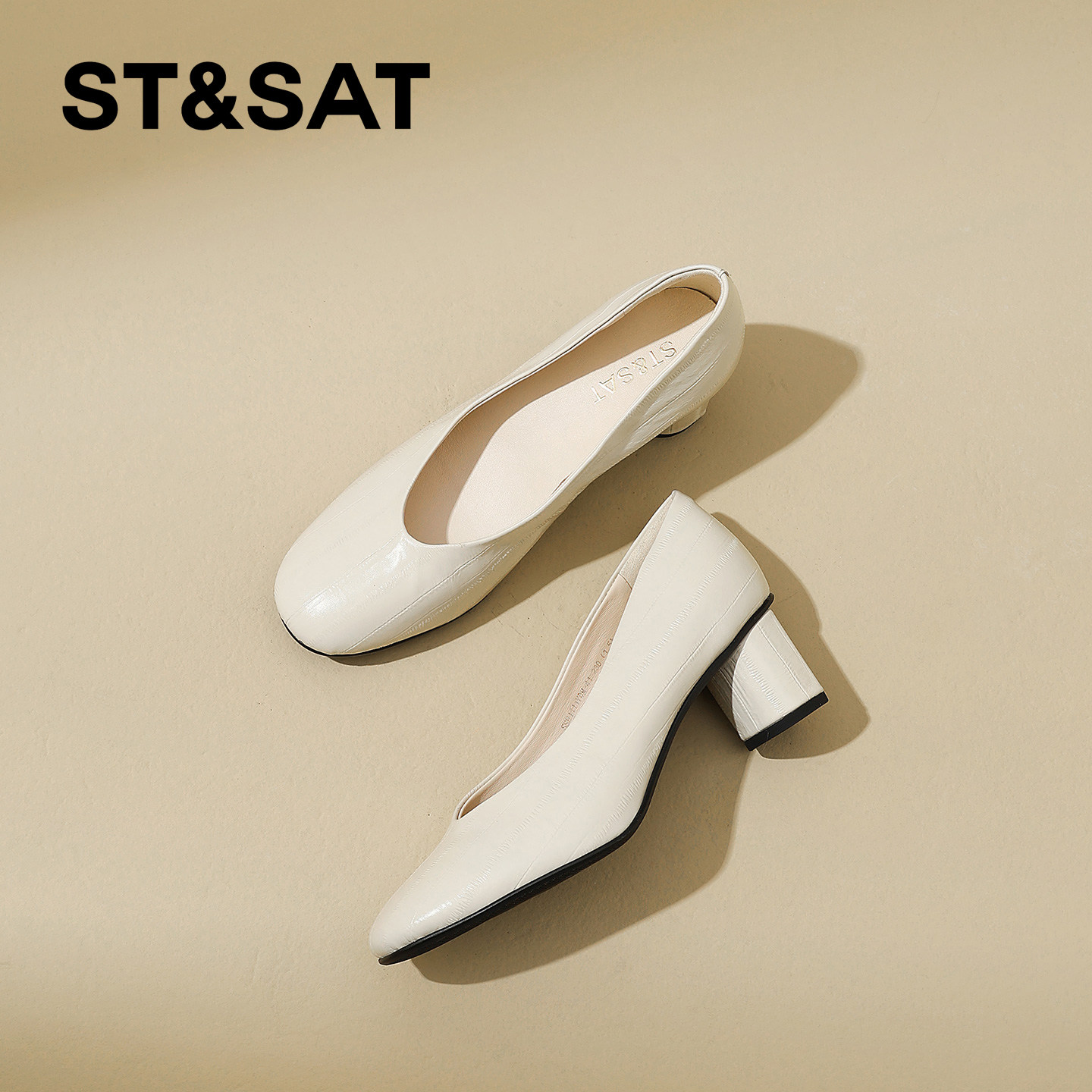 星期六真皮气质圆头粗跟高跟鞋女2026春季新款百搭不累脚浅口单鞋