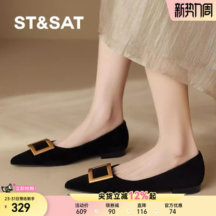 单鞋 星期六2025年春季 方扣平底鞋 黑色复古金属扣法式 女 新款