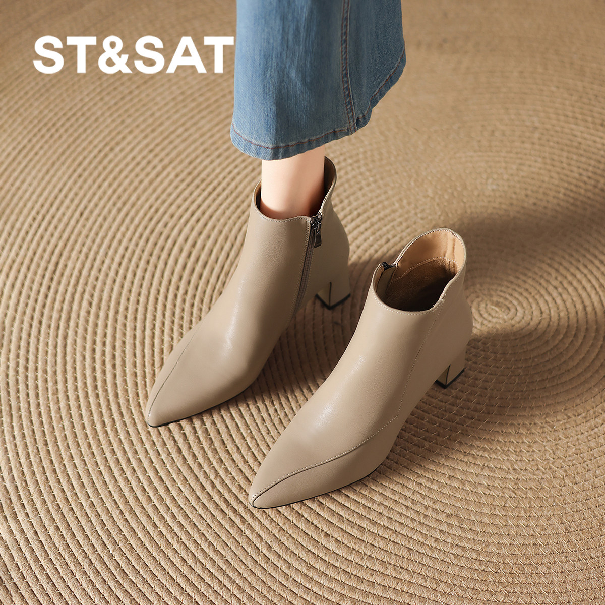 星期六尖头短靴女冬季2025新款高跟皮靴法式踝靴加绒马丁靴妈妈靴