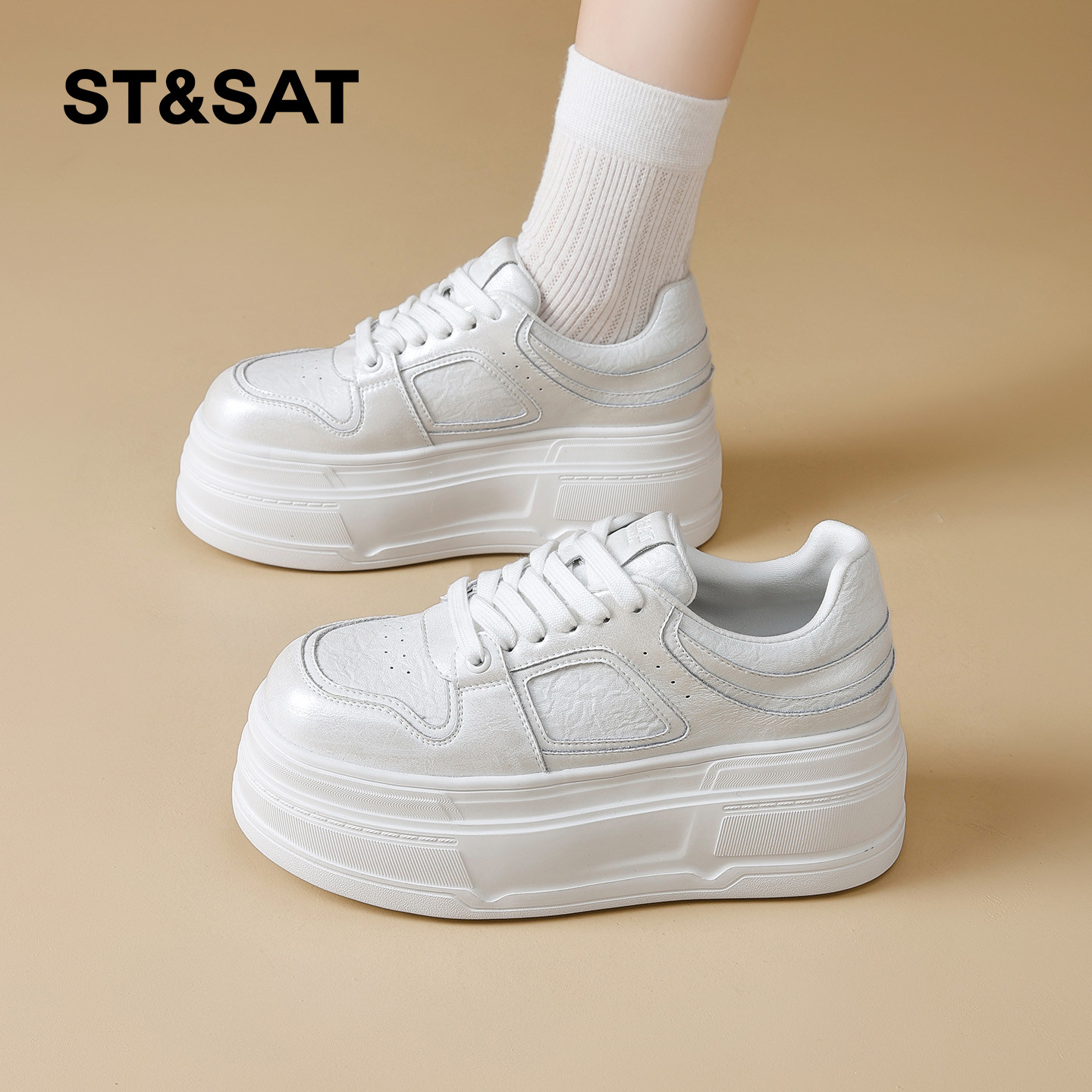 星期六厚底超高跟休闲板鞋女2026春季新款不累脚增高圆头小白鞋子