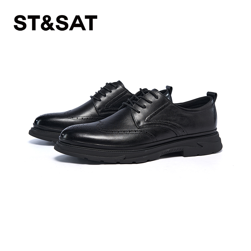星期六商务皮鞋春秋新款牛皮黑色平跟舒适正装男鞋SSC3122N03