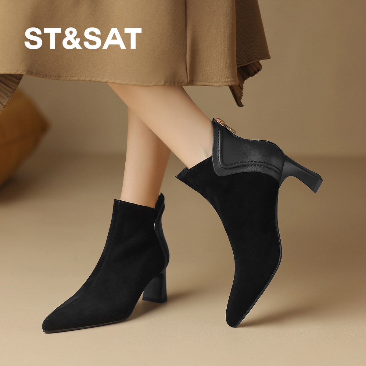 星期六年开春新款女黑色高跟鞋粗跟短靴气质显高尖头百搭女鞋
