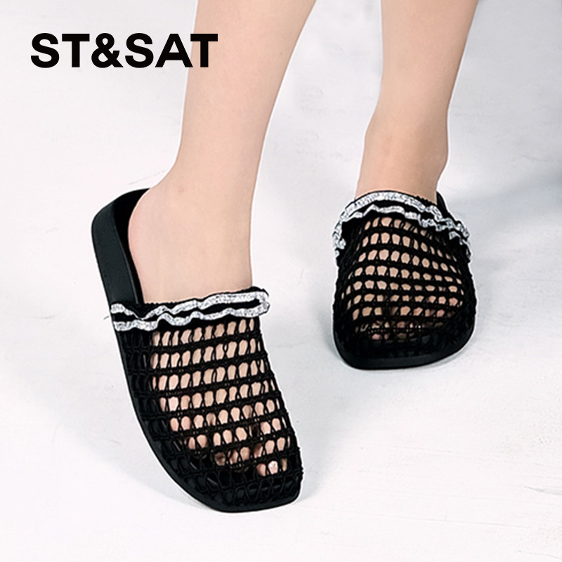 星期六镂空黑色拖鞋女2025新款夏季配裙子凉拖鞋外穿沙滩一字拖鞋