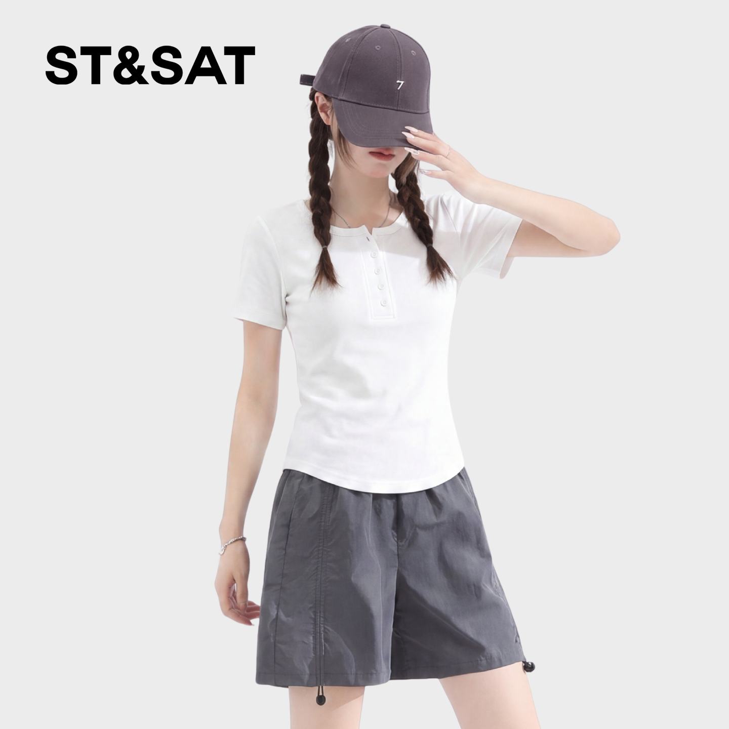 星期六白色亨利领短袖t恤女2026新款夏季正肩显瘦高级感百搭上衣Z
