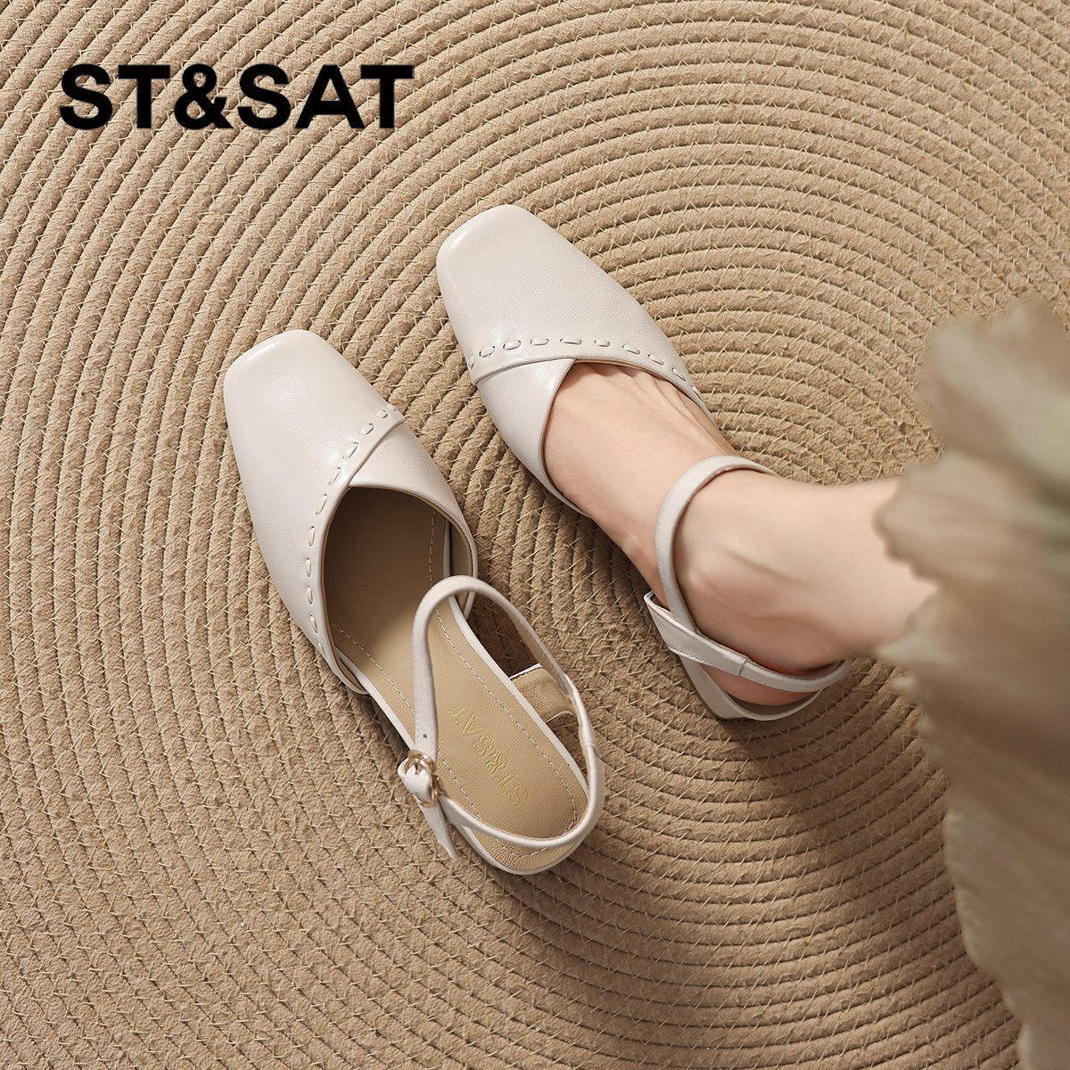 星期六真皮包头高跟凉鞋夏季2026新款绝美一字带单鞋女款女鞋外穿