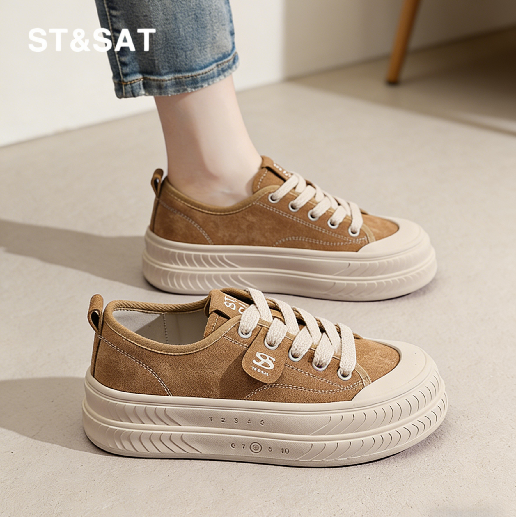 星期六真皮厚底板鞋女春季新款透气防滑运动鞋女士增高大头帆布鞋