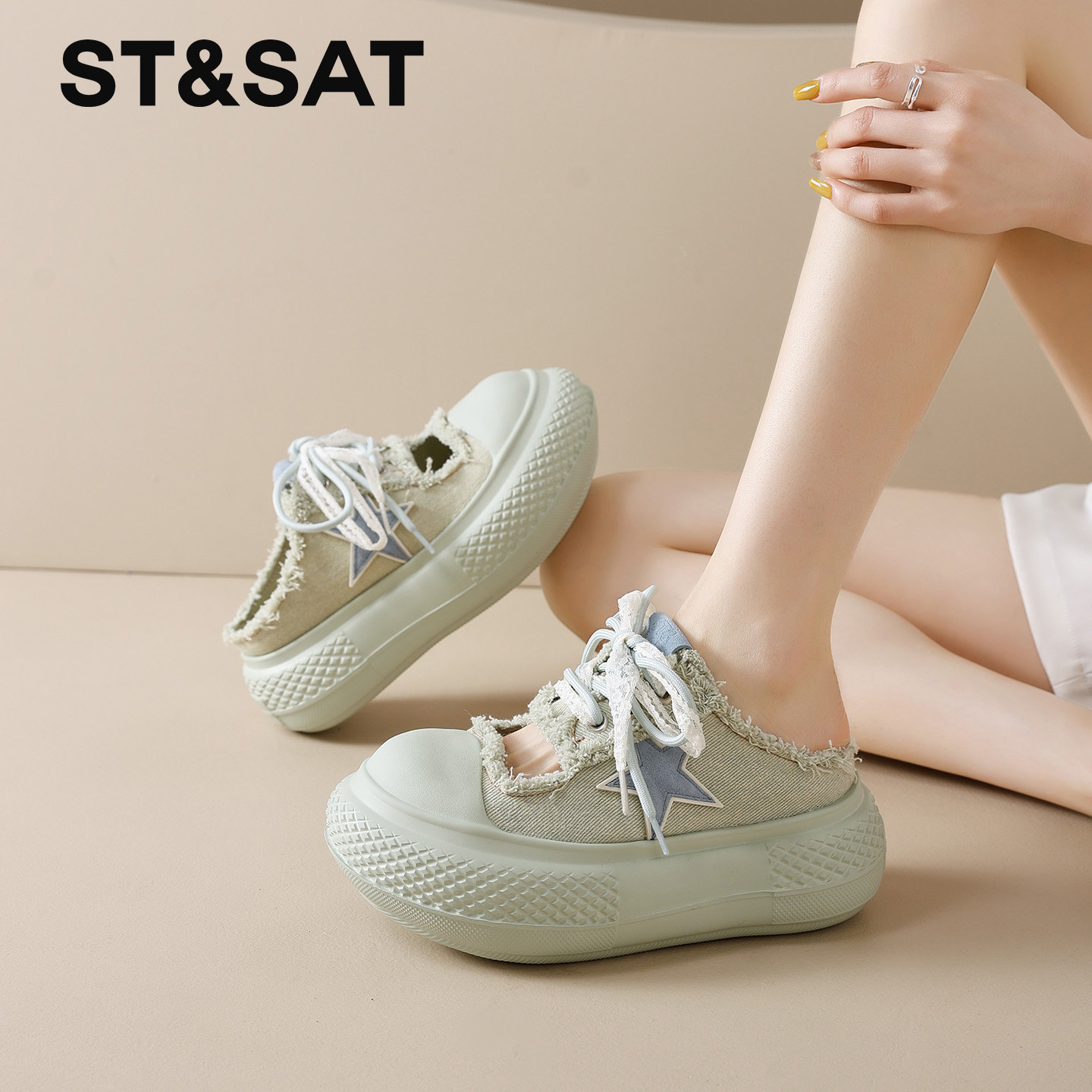 星期六厚底帆布鞋女包头拖新款夏季镂空透气休闲鞋增高运动面包鞋