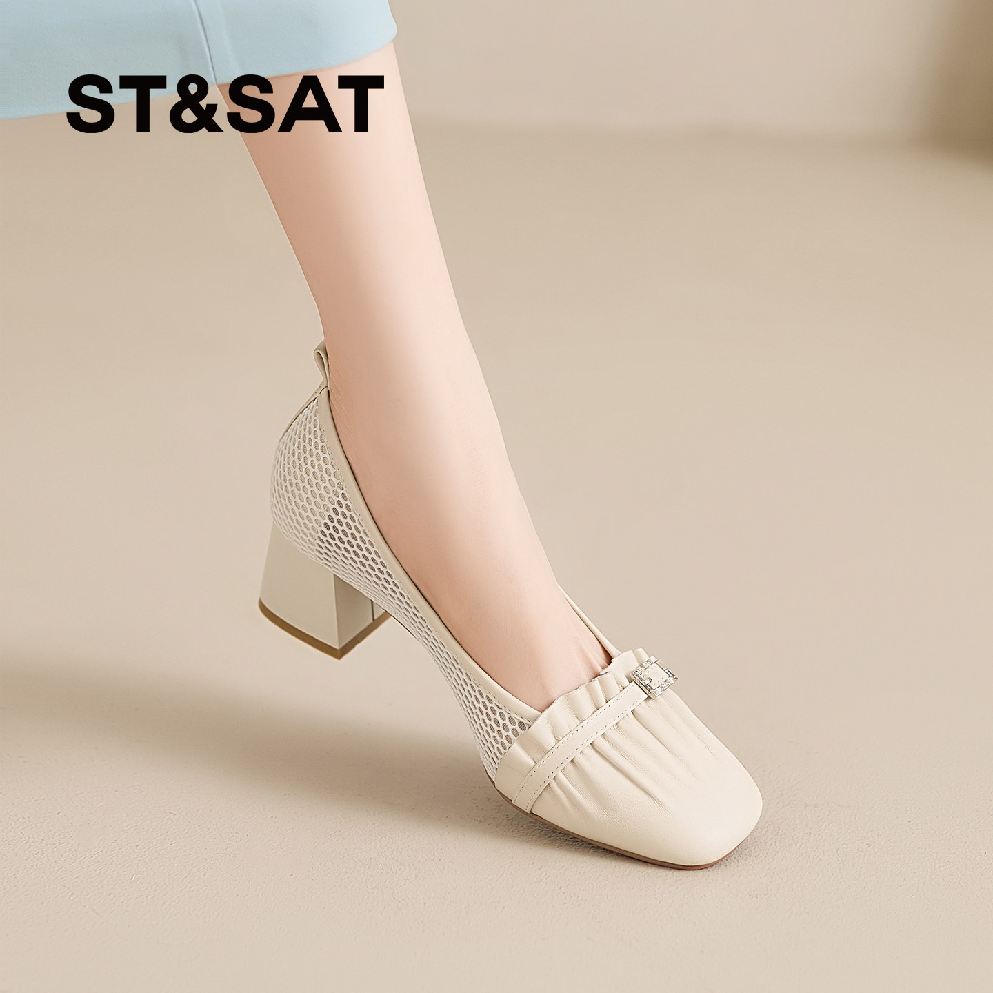 星期六优雅风浅口单鞋2026夏季新款方头洞洞网面拼接粗跟高跟女鞋