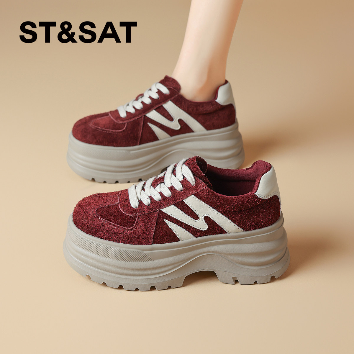 星期六真皮牛皮红色德训鞋女款2025新款厚底休闲板鞋阿甘运动鞋子
