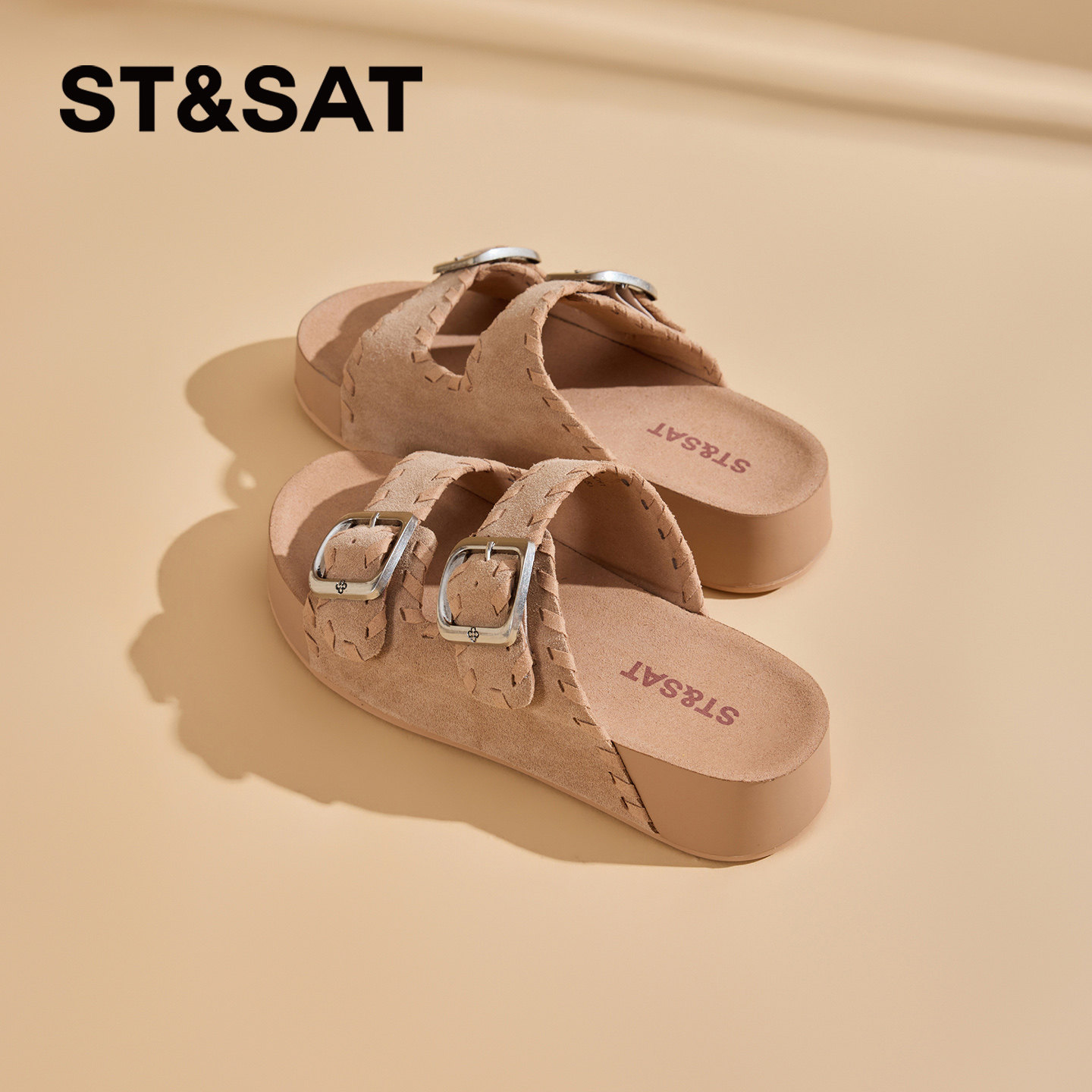 星期六勃肯鞋女款2026新款夏厚底双扣带凉鞋外穿舒适软木底拖鞋女