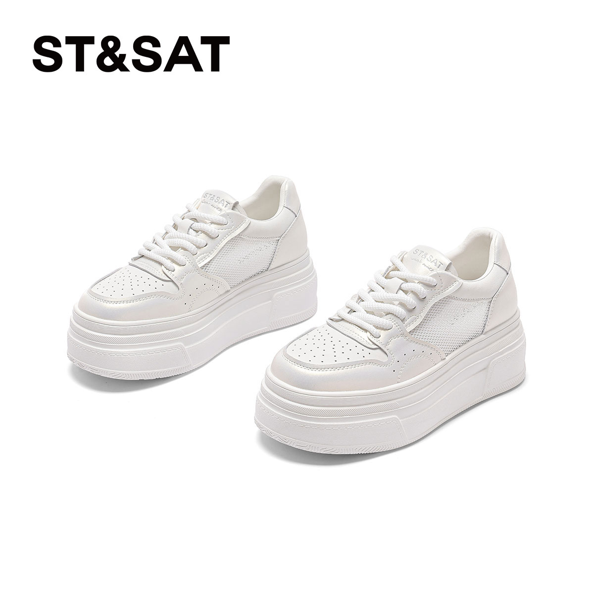 星期六纯色圆头厚底增高小白鞋