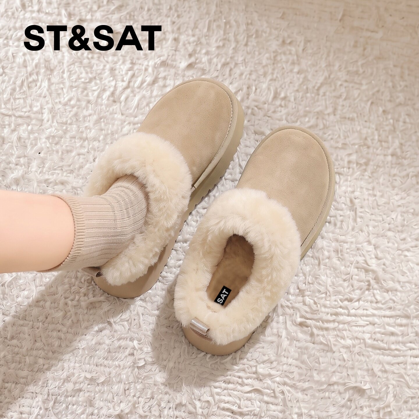 星期六厚底翻毛边雪地靴加绒锁温