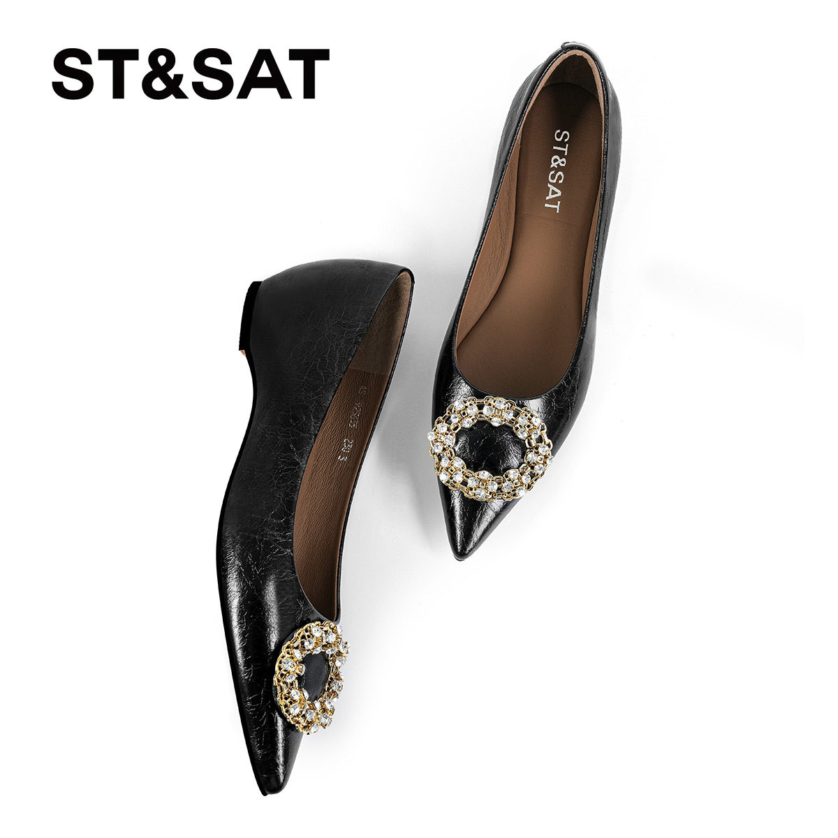 星期六黑色浅口单鞋女2025新款尖头平底水钻法式晚宴精致奢华女鞋