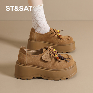 星期六女鞋春季新款爆款复古反绒勃肯鞋女士休闲厚底增高袋鼠鞋子