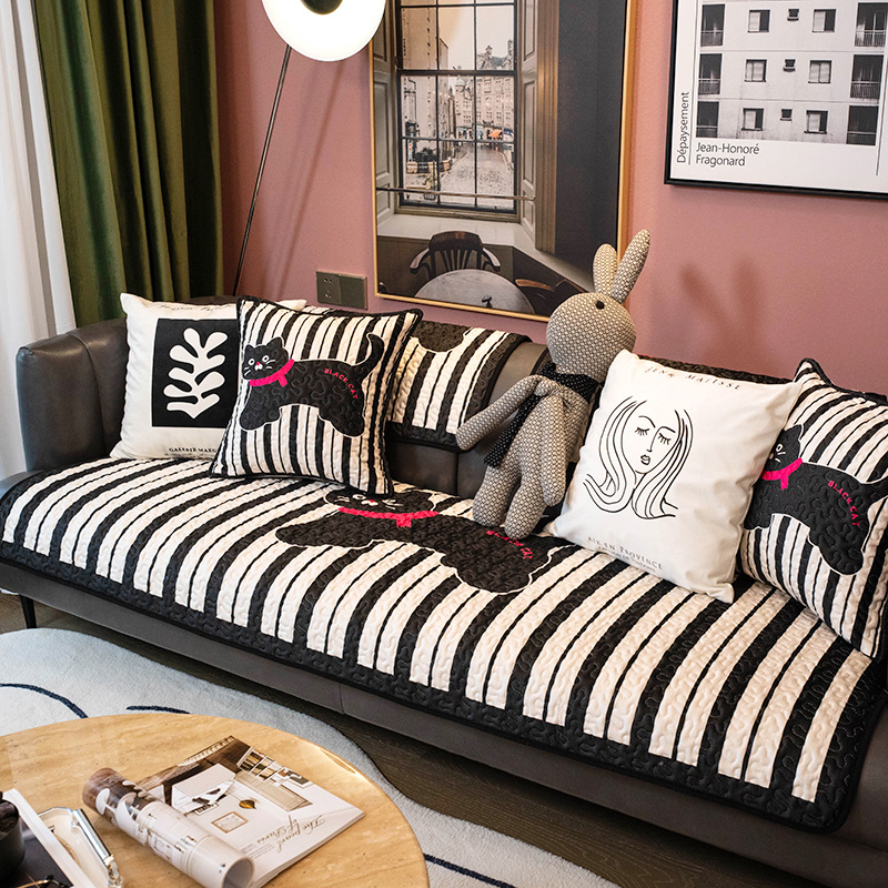 北欧ins风卡通猫咪沙发垫简约现代条纹坐垫客厅防滑沙发巾套罩盖