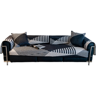 秋冬北欧现代黑白几何条纹沙发垫简约毛绒蓄热保暖沙发坐垫套盖巾