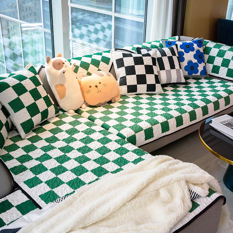 复古时尚格子沙发垫新绿色几何沙发坐垫防滑洗平绒沙发罩