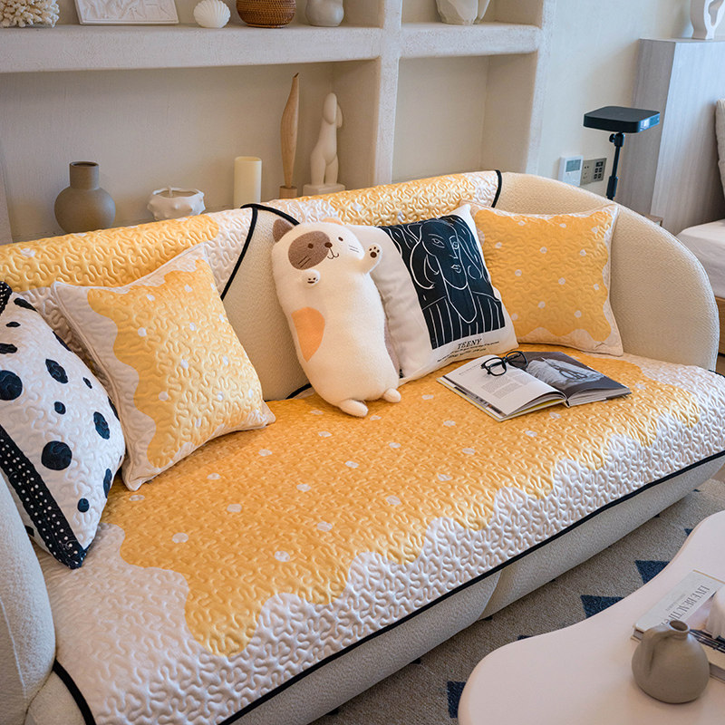 治愈黄几何抽象沙发垫简约现代时尚坐垫设计师款秋冬防滑沙发巾套
