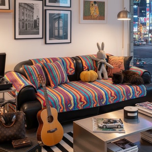 设计师款彩虹色几何条纹沙发垫四季通用防滑坐垫高档简约沙发巾套