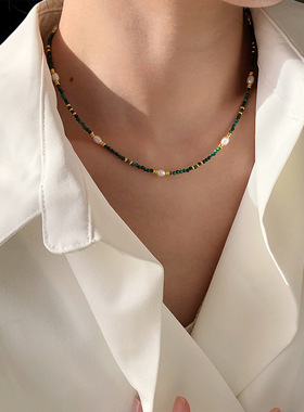 S925银孔雀石淡水珍珠项链金色串珠锁骨链小众个性轻奢小红书