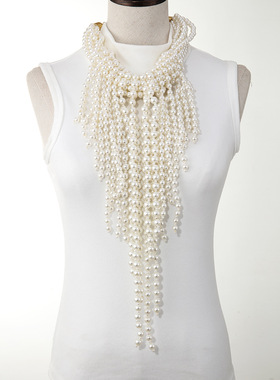 厂家货源跨境欧美夸张珍珠流须项链波西米亚串珠手工编织女项链