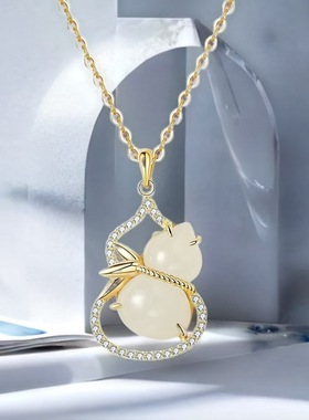 新款s925银项链夏季女国风和田玉葫芦竹影吊坠轻奢感气质配饰