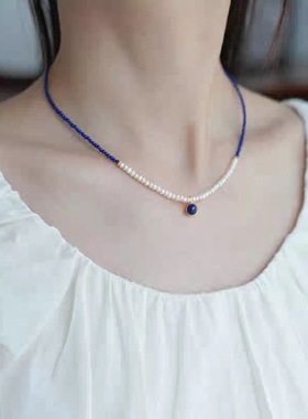 新中式天然青金石搭配淡水珍珠项链925银青金吊坠女生气质显白款