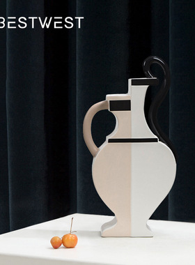 博西家居 后现代釉面彩绘双耳陶瓷花瓶摆件创意家居玄关客厅花器