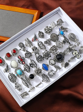 100个-50个混装个性复古风古银重工戒指装盒装时尚戒指潮流戒