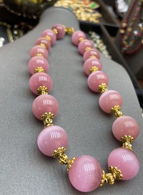 中古vintage18m渐变粉色猫眼石琉璃项链纯手工串珠项链直播货