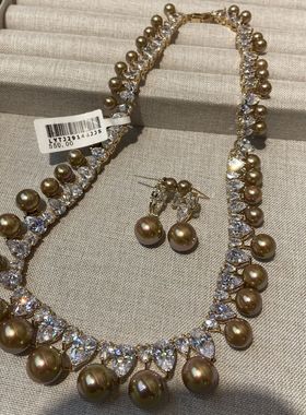 欧美奢华饰品棕色珍珠水滴锆石耳环项链套装高档晚宴新娘结婚