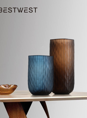 博西家居 冷色直通磨砂蜂窝纹水培玻璃花瓶摆件样板间软装饰品
