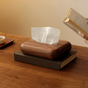 三思工房 实木整木纸巾盒 梳妆台书桌桌面高级感抽纸盒 黑胡桃木