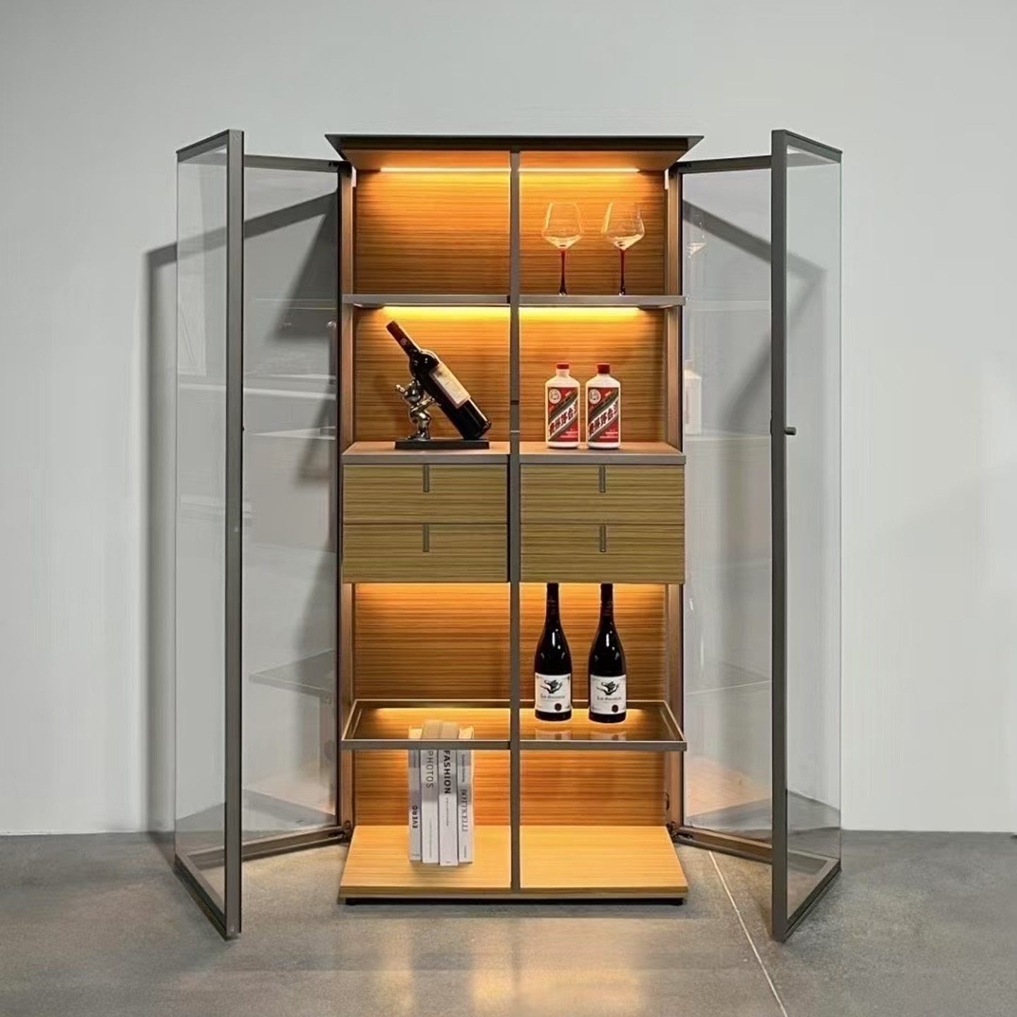 轻奢现代高档玻璃酒柜飞机柜靠墙客厅现代简约实木红酒茶叶展示柜