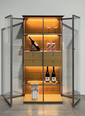 轻奢现代高档玻璃酒柜飞机柜靠墙客厅现代简约实木红酒茶叶展示柜
