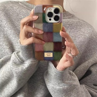 16promax手機(jī)殼新款 woods多巴胺彩色格子13pro蘋果15小眾方塊xs iphone15大孔14