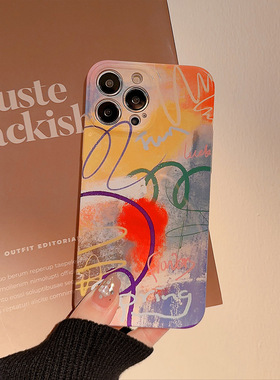 woods小众涂鸦艺术苹果16/17Promax菲林硬壳/软壳适用于iphone14/15pro/12油画手机壳防摔全包