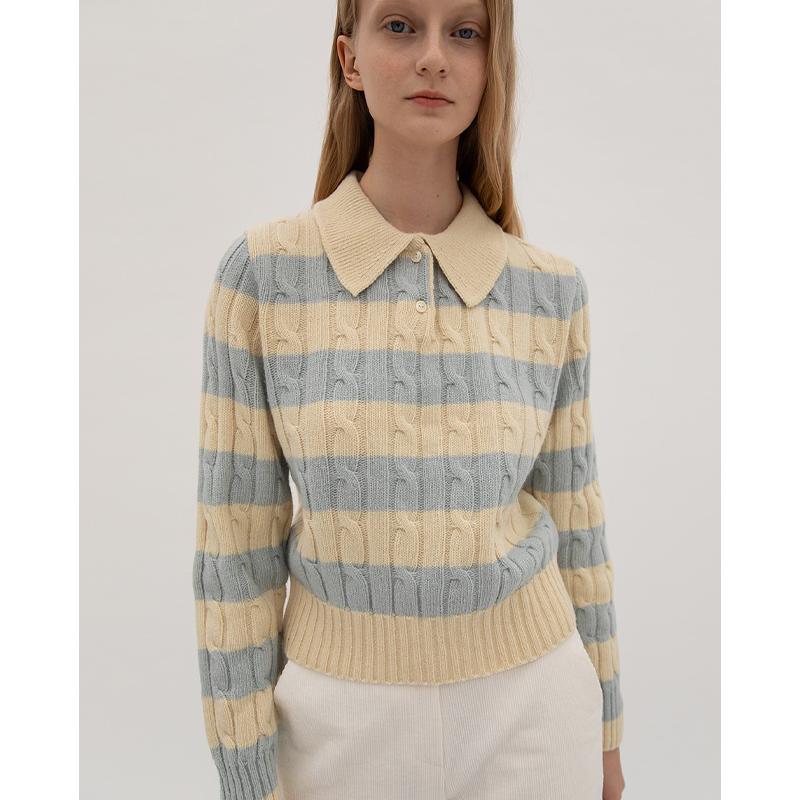 现货韩国levar翻领条纹针织衫