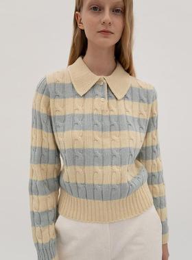 现货 设计师品牌levar 休闲翻领毛衣撞色条纹款羊毛衫