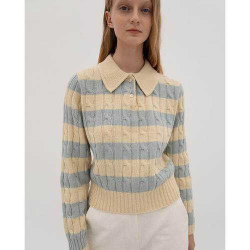 现货韩国levar翻领条纹针织衫