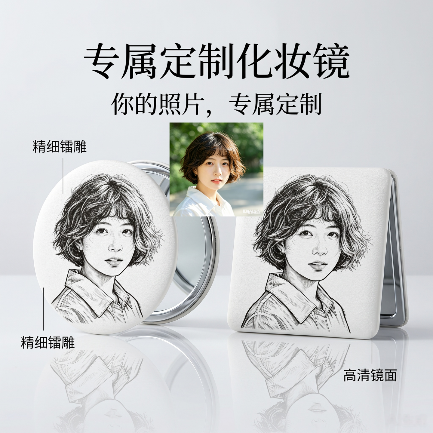 个性定制手持化妆镜文化创意女生照片文案激光精细雕刻独特礼物