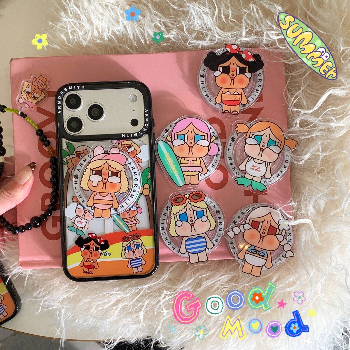 亚克力沙滩度假卡通哭娃磁吸支架适用iPhone15苹果17promax手机壳13/14透明磁吸保护套12/11全包防摔16Pro女