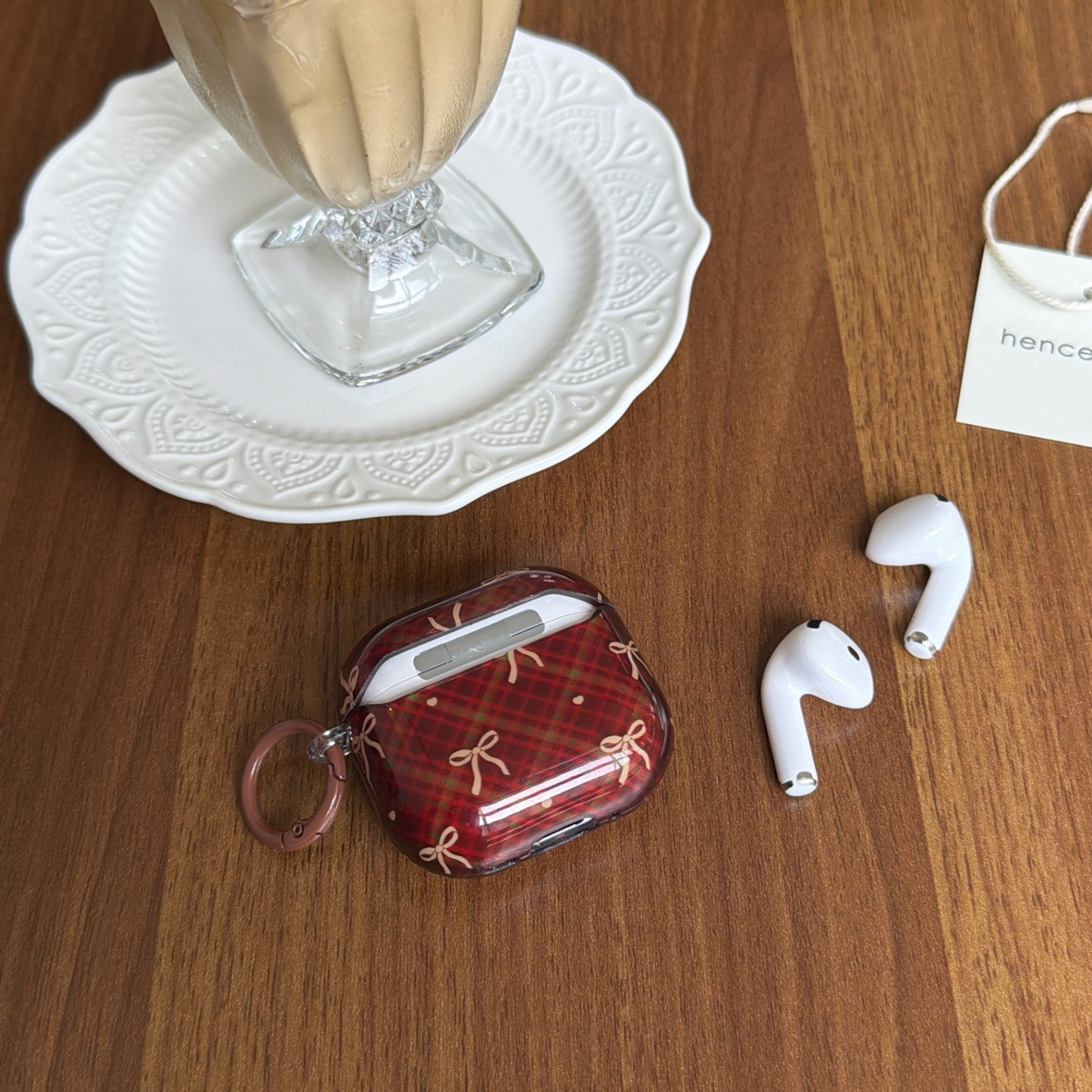 透红菱格蝴蝶结适用苹果AirPods Pro 第二代 新款耳机壳AirPods 1/2防摔AirPods 3简约保护套AirPods 4耳机套,3C数码配件,耳机保护套,淘宝优惠券,粉丝福利购,淘宝优惠卷