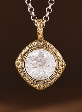 镜星辰 S925银镀金藤蔓纹人像硬币吊坠 个性时尚菱形设计项链坠子