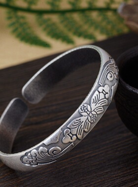 纯银手镯 S990足银个性仿古手镯泰银开口民族风手饰 花开富贵新品