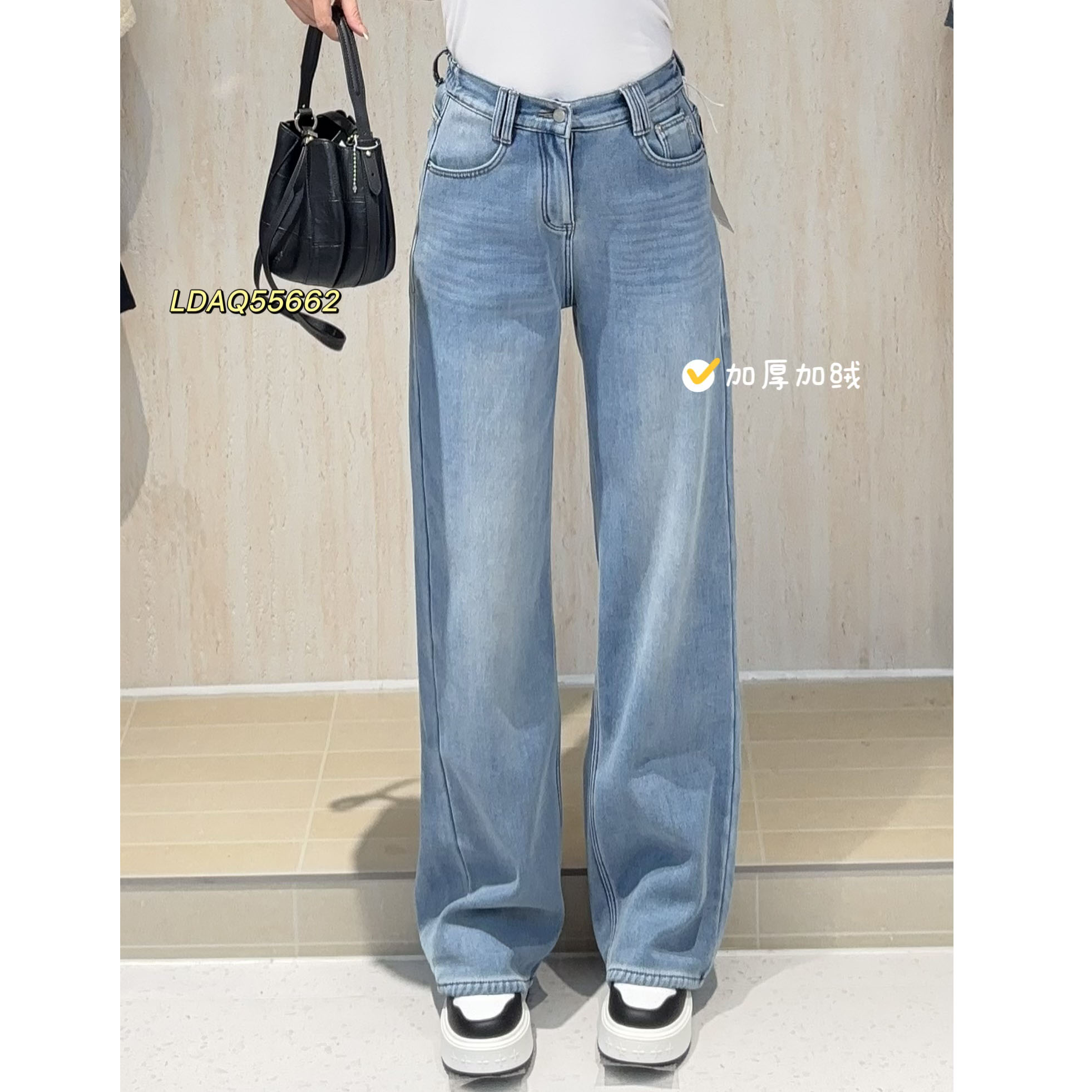 胖妹妹宽松冬季加绒牛仔裤女高腰