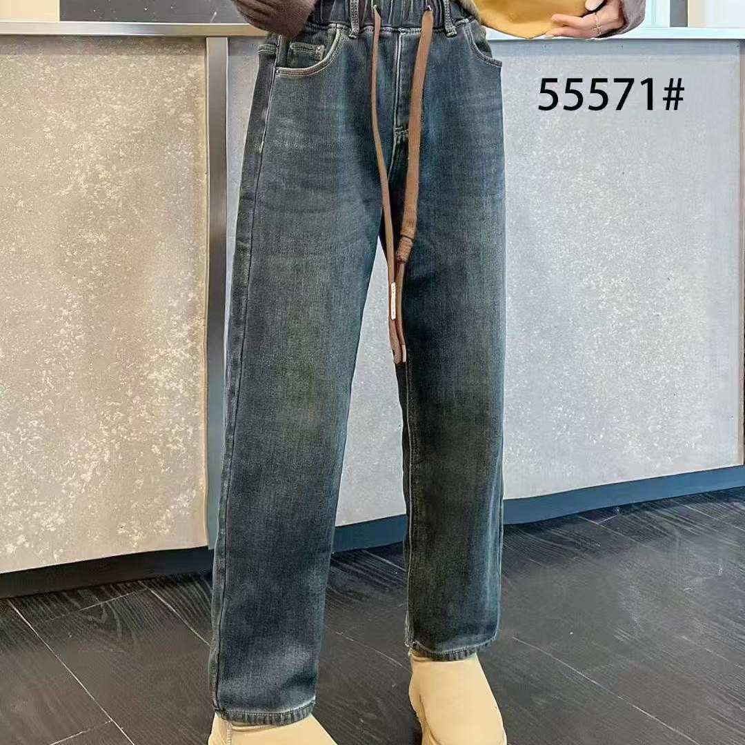 露迪安琪加绒牛仔裤抽绳弹力腰高弹宽松加厚休闲裤子女55571