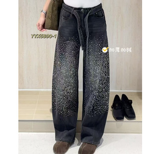 5号上新~美式高街辣妹满天星烫钻特大码牛仔裤女慵懒感宜语析5890