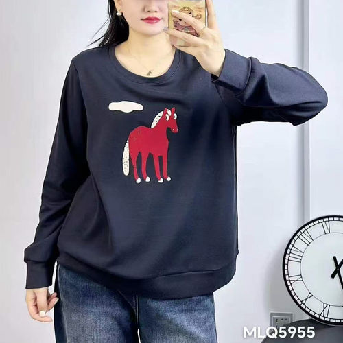 圆领百搭薄绒卫衣长袖女小马图案